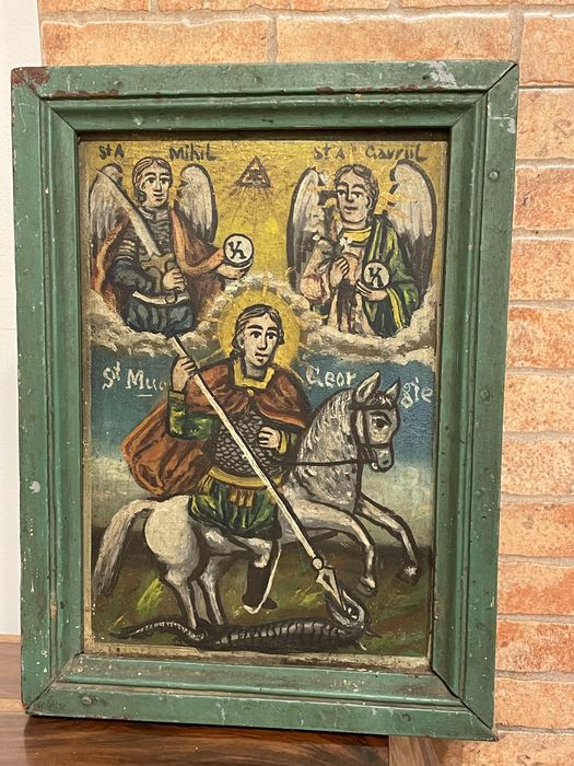 Icoana veche, stil naiv, Sfinții Mihail, Gavril, Gheorghe