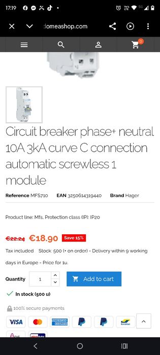 Hager siguranțe 10 și 20 amperi noi