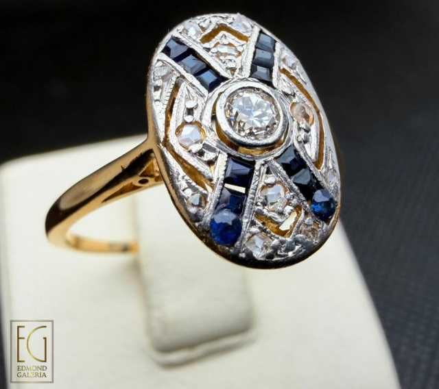Inel Art Deco din aur și platină, cu diamante, safire,safire sintetice