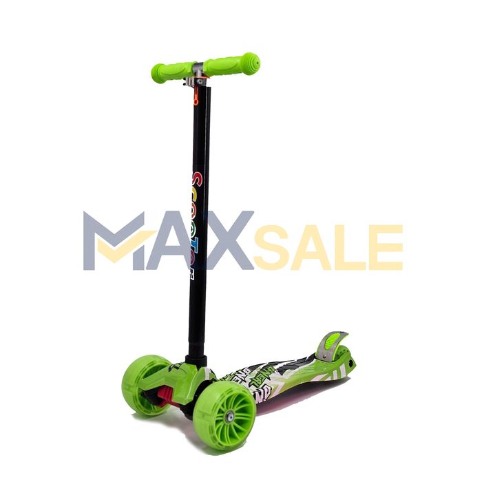 Триколка детска тротинетка с 3 светещи колела зелено многоцветно