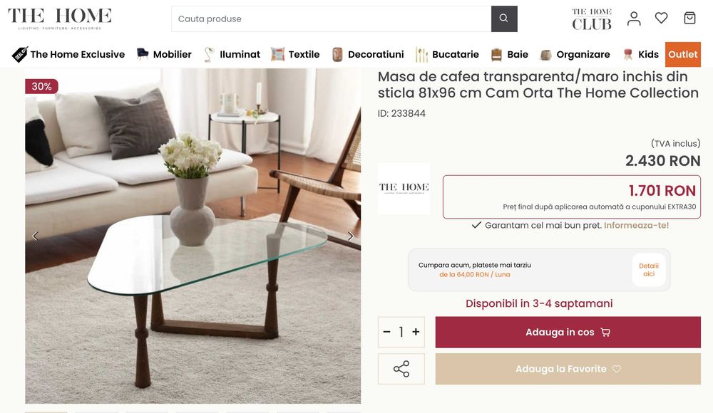 Masa de cafea transparenta sticla lemn 81x96 The Home