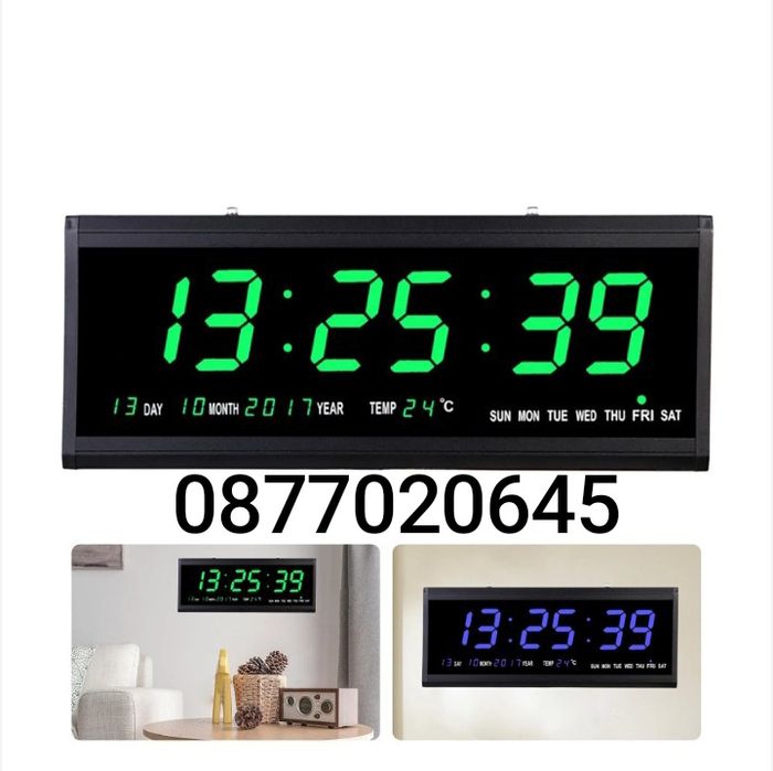 Стенен часовник Зелен светодиоден цифров дисплей,термометър, календар