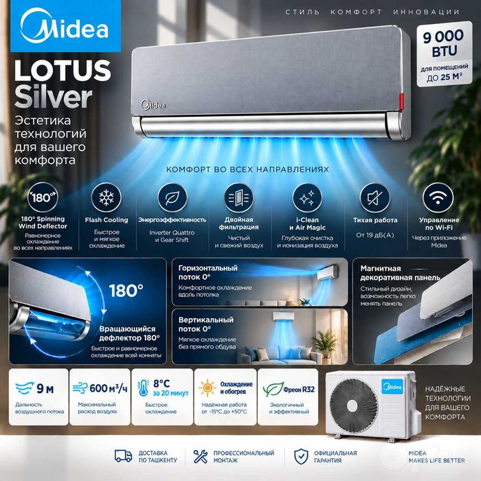 Midea Lotus 9 Silver | Inverter Quattro | Современный дизайн
