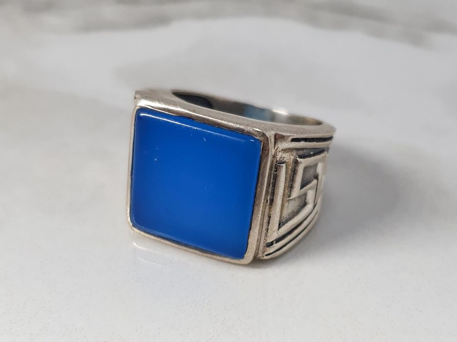 Inel tip pecete (signet ring) bărbătesc din argint 925 cu onix albastru – mărimea 60 – 13,92 g