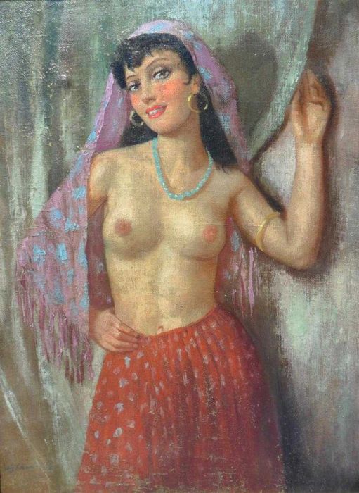 *DANSATOARE NUD* Tablou f vechi, ulei/panza, sem ifj CZENE BELA