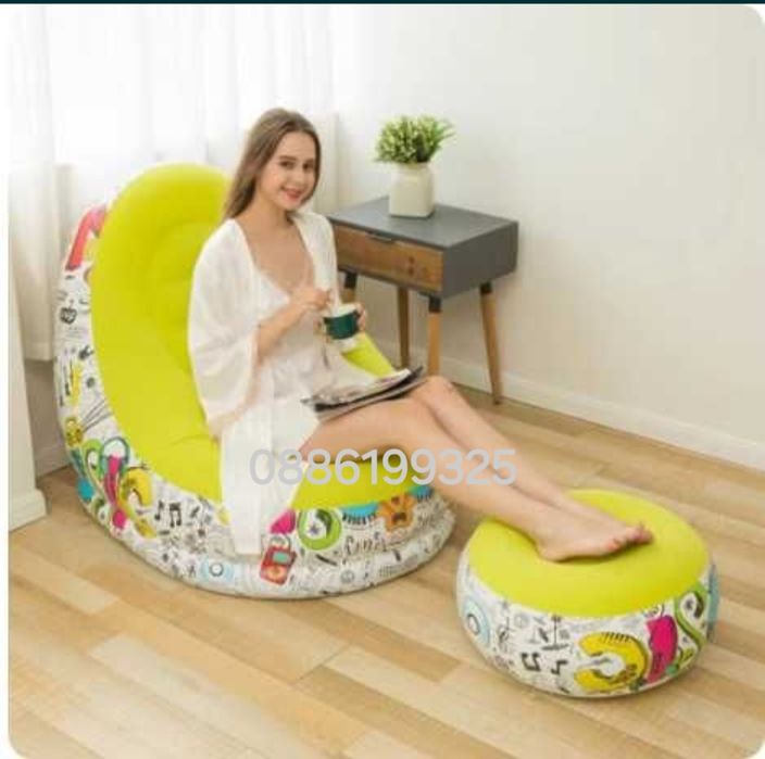 Надуваем фотьойл и табуретка за крака, Син/Бежов/Шарен