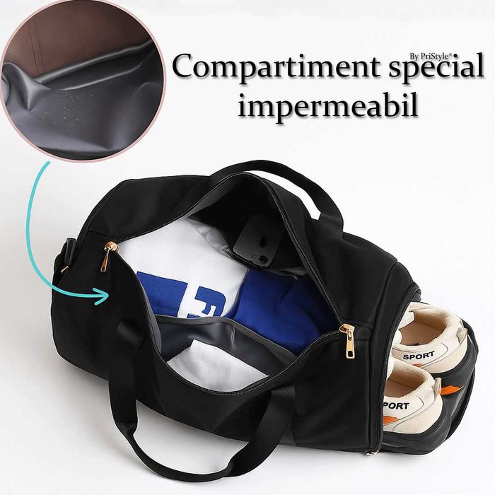 Geanta Sport, Buzunar Separat Impermeabil si Compartiment pentru Incaltaminte, 26cm x 47cm x 23cm, Neagra/Bej/Verde inchis, PriStyle®