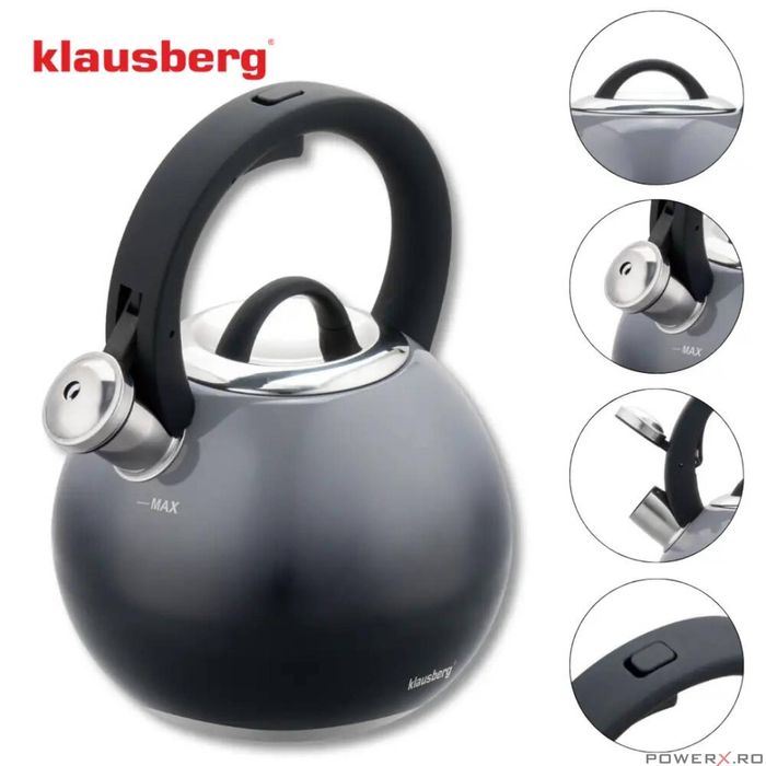 Fierbator sferic negru lucios, ceainic din otel, 3L, Klausberg