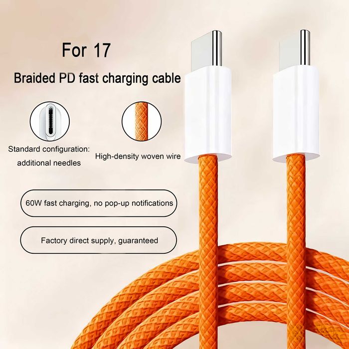 Cablu USB-C la USB-C 60W, Wyred by Monga, 1m, Împletit, Portocaliu NOU