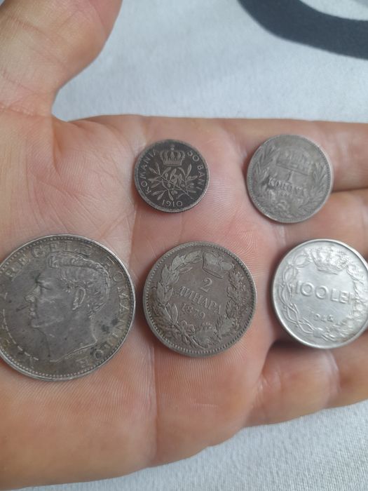 Lot 5 Monede Argint Vechi 1879-1944 - 2 Dinari Serbia 1879, Carol I 1910, 1 Korona 1892, 100 Lei 1944 - Colectie