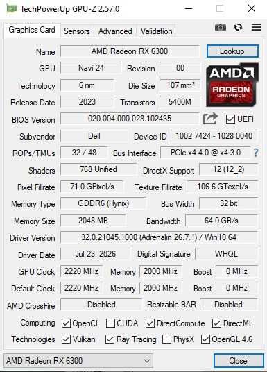 Placa video Low Profile Sff Gaming AutoCAD Dell RX 6300 2Gb DDR6