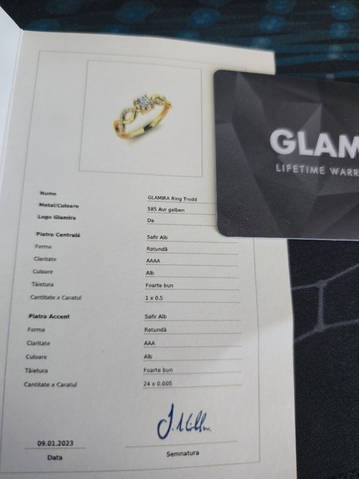 Inel Glamira marime 50, aur 14k cu safire albe