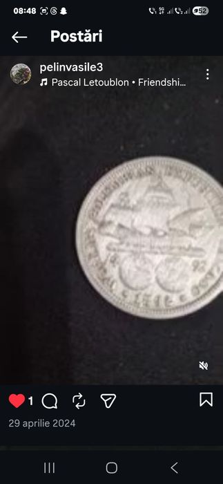 Monedă foarte rară de argint pur,Amerika anii,1492-1892