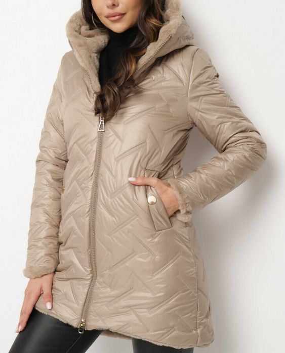 Geaca dama de iarna bej, parka, cu gluga si blanita, S/36, nou
