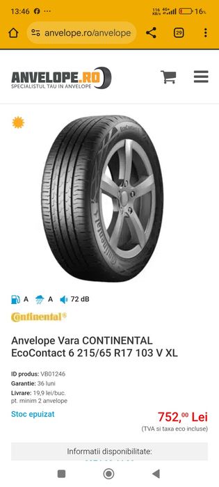 Set 4 anvelope noi 0km DOT 2752 Continental EcoContact 6 215/65/R17 10