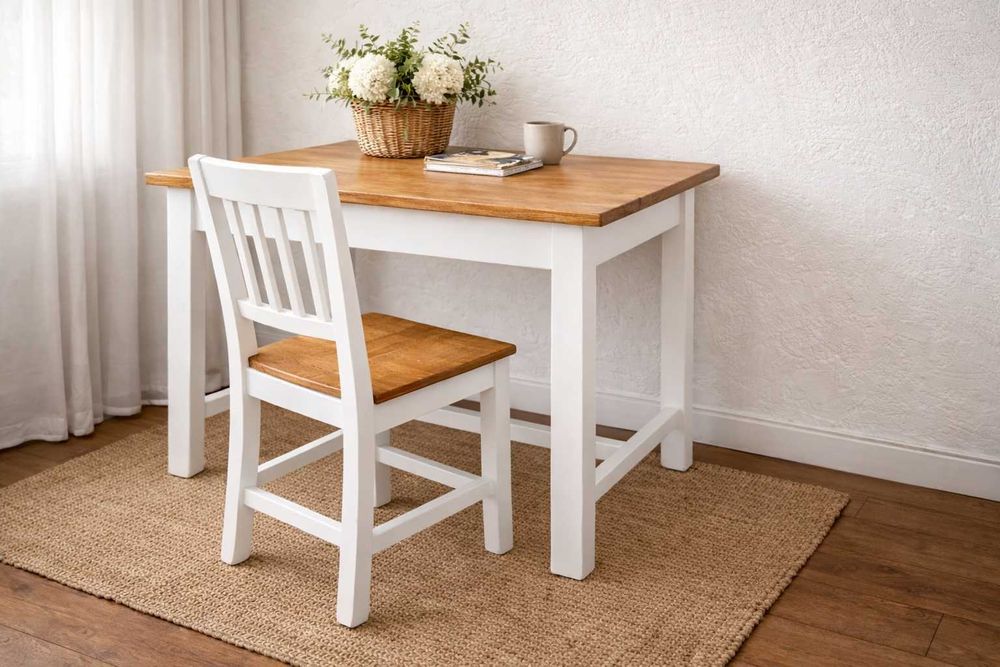 Masa+scaun lemn RECONDIȚIONATE – alb & LEMN Nature