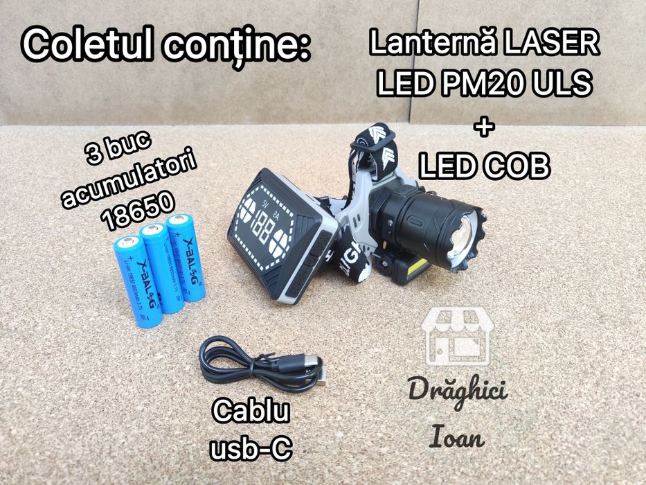 Lanterna frontala pt pescuit LED LASER PM20 ULS < 1300m+COB si SENZOR