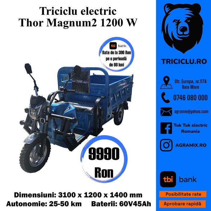 Triciclu electric Thor Magnum 2 basculare hidraulica nou Agramix