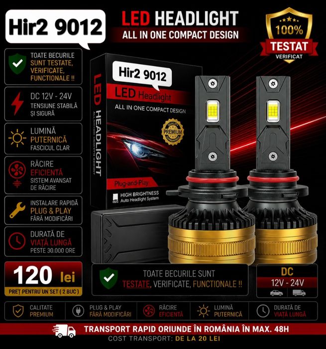 Becuri LED Hir2 9012  Canbus 12V-24V 60000LM set 2buc