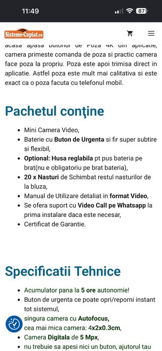 Sistem camera video în nasture S3Pro cu autofocus, plus cască copiat.
