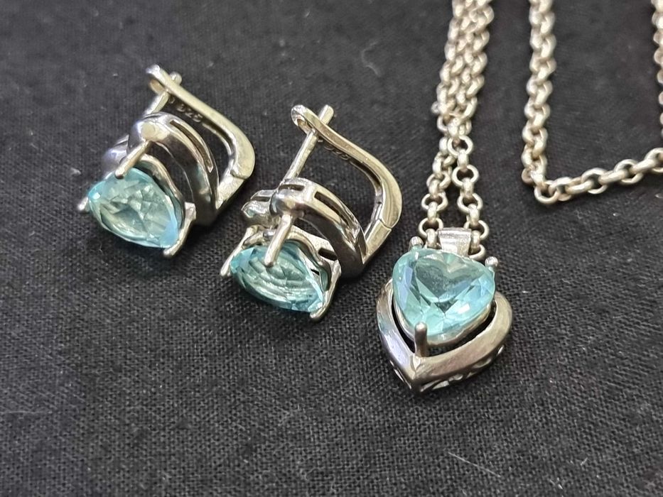 Сребърни бижута, комплект синджир, висулка и обеци,