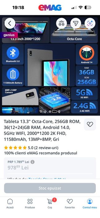Tabletă nouă, 256 GB, Android 14,