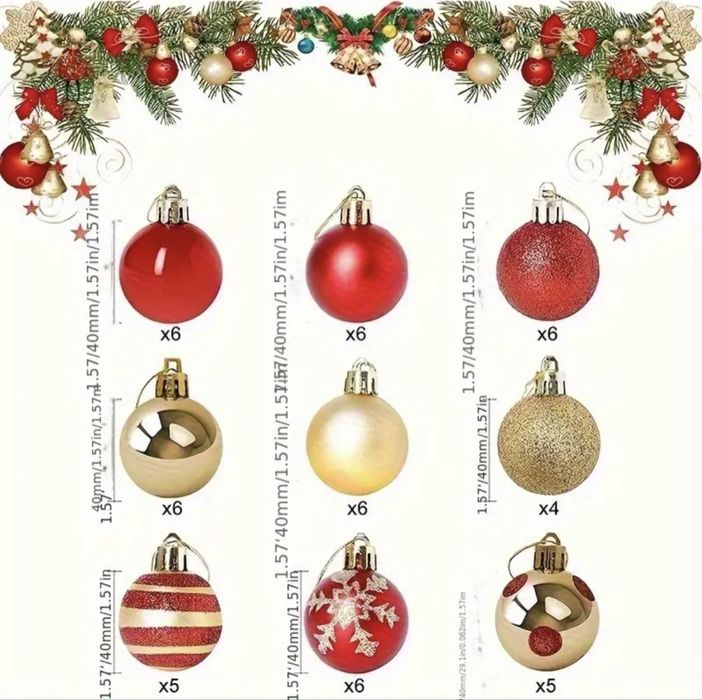 Комплект от 100 коледни топки многоцветни 3 стила