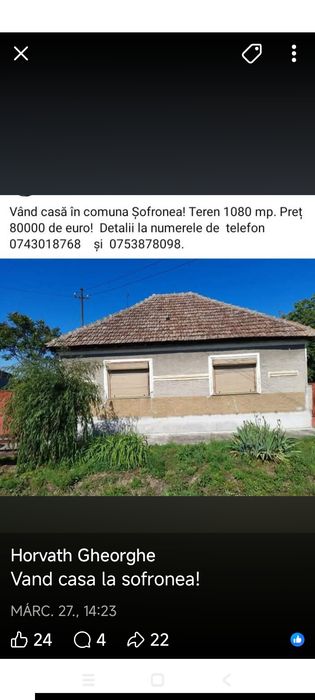 Vând casă la comuna Șofronea judetul Arad