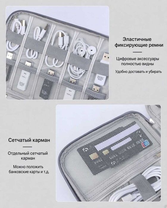 Стильный и практичный органайзер из ткани для кабеля и аксессуаров.
