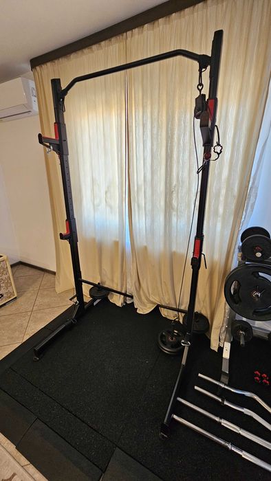 Home gym complet Decathlon Domyos - Half Rack 500, 199 kg discuri, bare, gantere, suport depozitare
