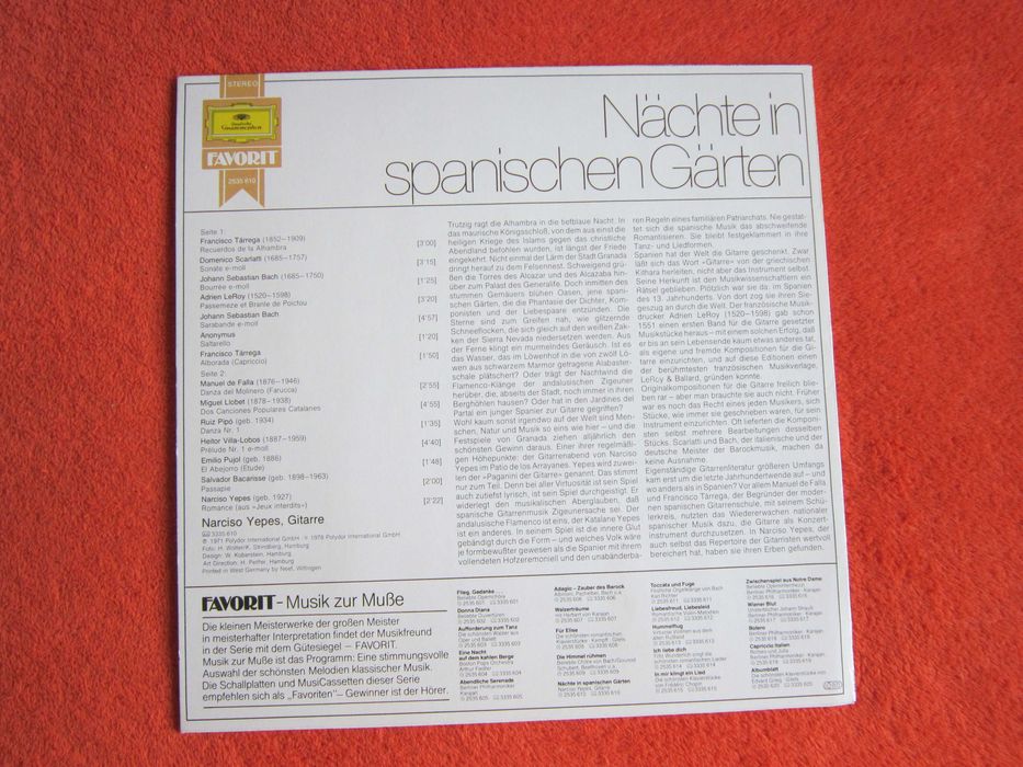 cadou rar vinil Narciso Yepes-Nopți în grădinile spaniole Germany 1978