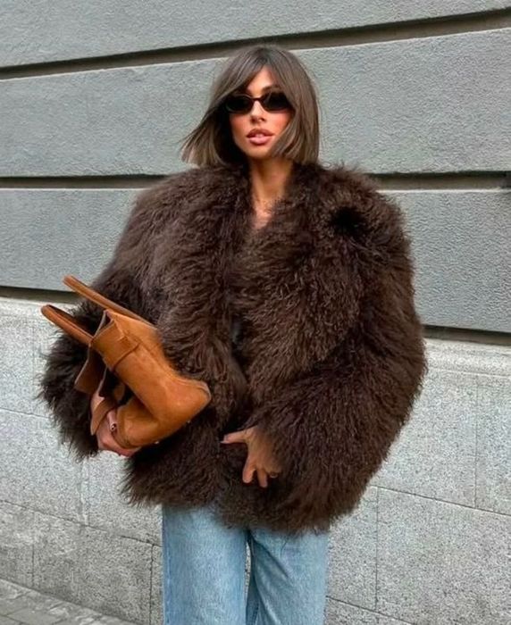 ново дамско палто с косъм кафяво