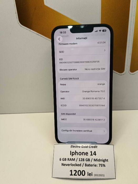 Iphone 14 128GB Midnight/Neverlocked/Baterie: 75%/Stare buna! ID11521
