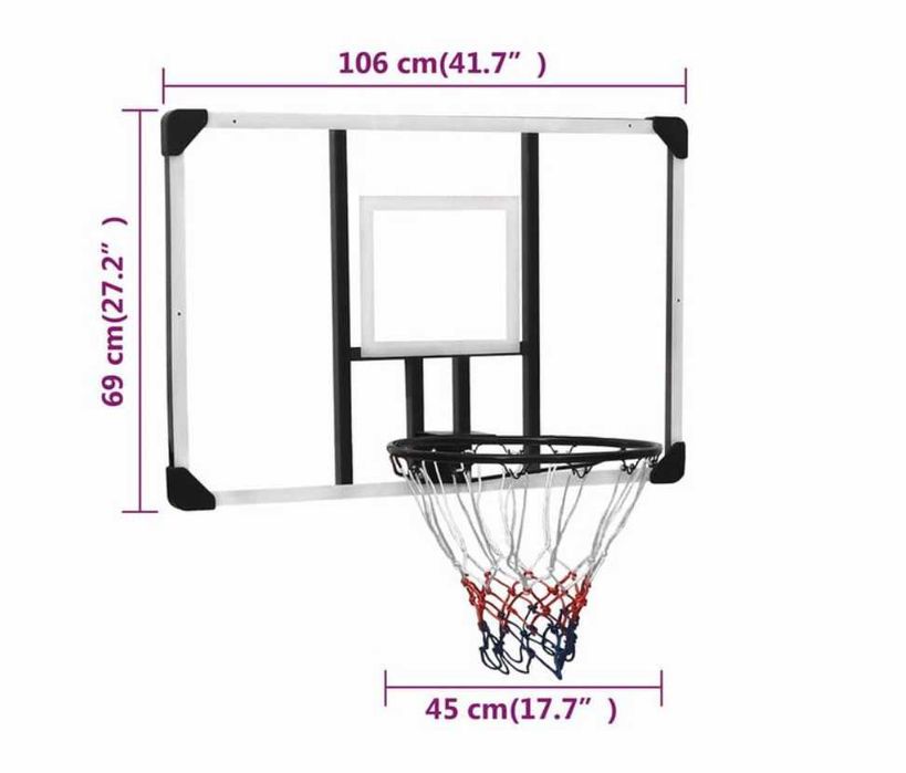 Баскетболно табло, прозрачно, 106x69x3 см, поликарбонат