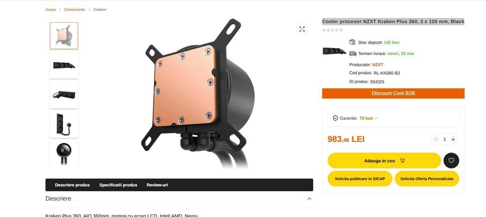 Cooler racire procesor lichid AIO NZXT Kraken Plus 360 RGB, 3 x 120 mm, Black