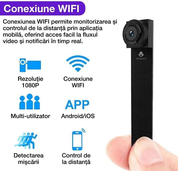 Micro camera ascunsa VD06 WIFI detectarea miscarii vedere nocturna 1080P Android/iOS baterie 2500 mAh autonomie 4 ore