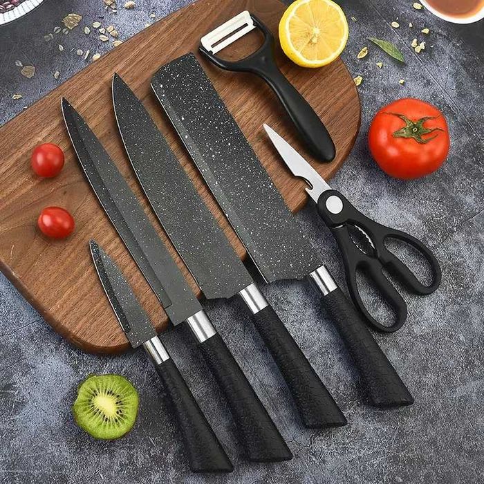 ПРОМО!! Комплект Кухненски Ножове 6в1, 4 броя ножове, Ножица, Белачка