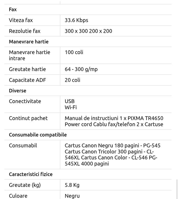 Multifunctional Inkjet color Canon TR4650, A4, Wireless , ADF