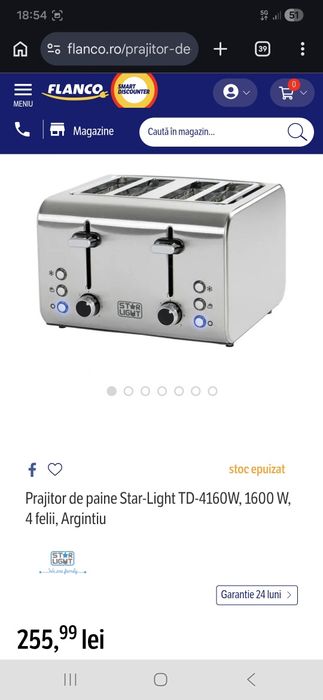 Prajitor de paine Star-Light TD-4160W, 1600 W, 4 felii, Argintiu