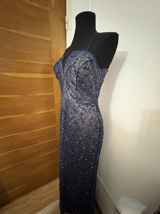 Rochie ocazie, albastru inchis cu gri, cu pietre