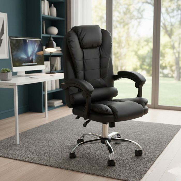 Ергономичен офис стол с лумбална опора от еко кожа в черен цвят