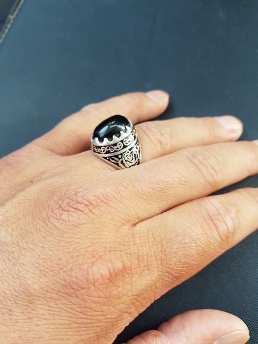 Ghiul mare argint 925 cu piatra onix in gheara,model trandafir negru