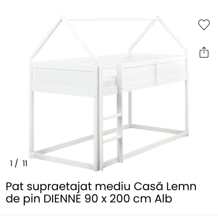 Pat copii supraetajat de vanzare  90x200 cu saltea si protectie