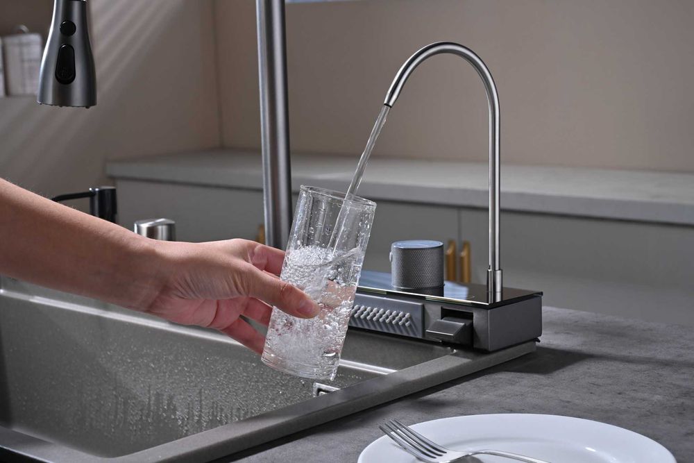 Сива гранитна мултифункционална кухненска мивка с двоен водопад