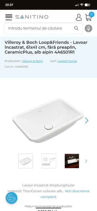 Lavoar rectangular Villeroy & Boch sub blat 61x41 cm