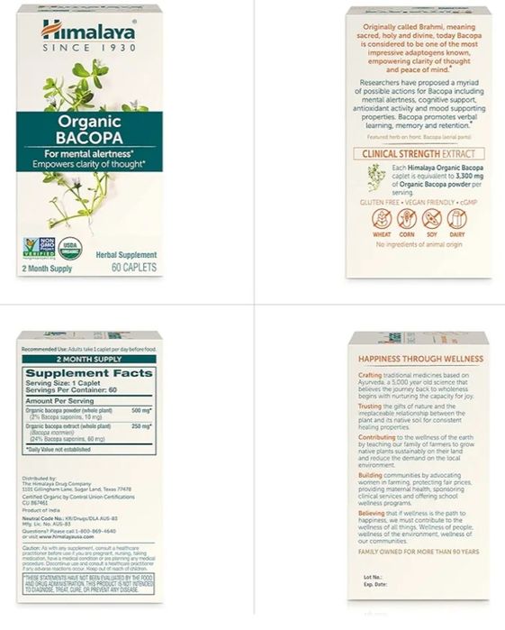 Organic Bacopa,90 caplets,focus, attention, ginkgo biloba,CHEGIRMADA