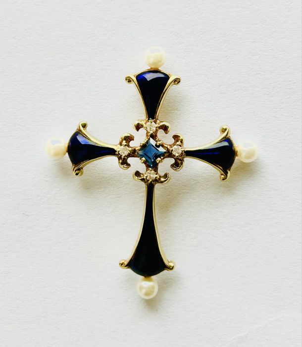 Cruciuliță Faberge, aur 14K, email, diamante