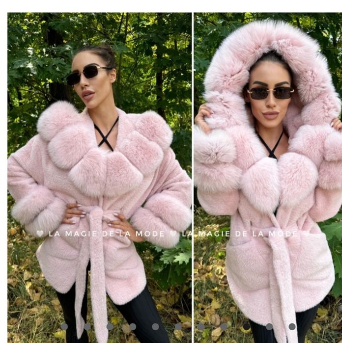 Палто алкантара с естествен косъм от лисица