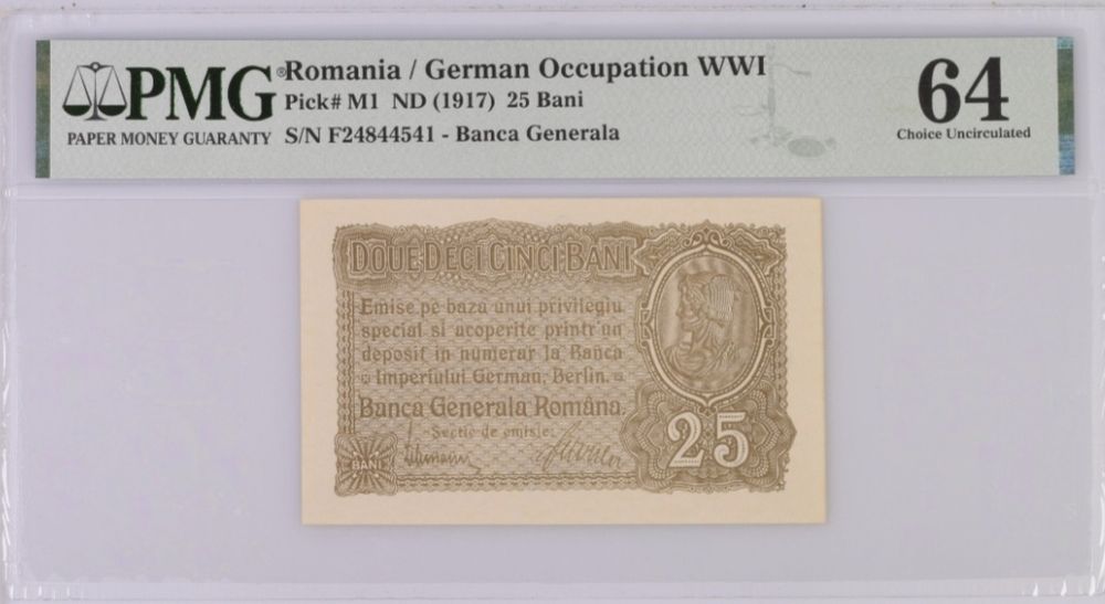 Bancnota gradata PMG 25 bani 1917 BGR