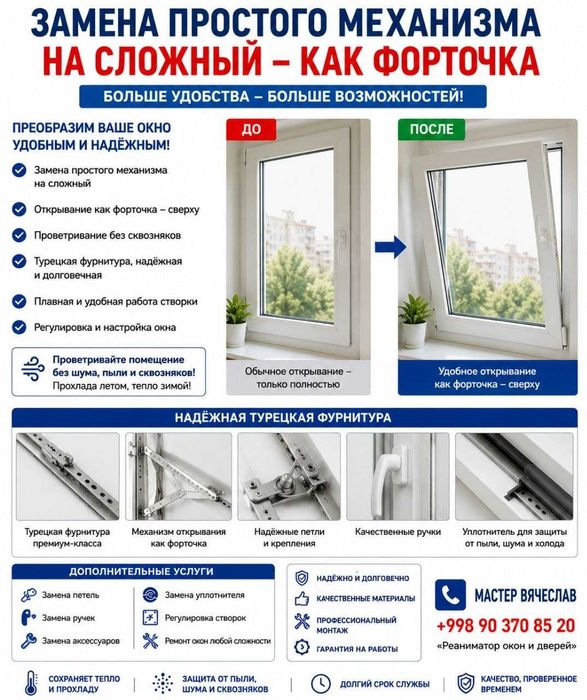 Переделка окна ПВХ на откидное открывание (форточка)  Замена механизма